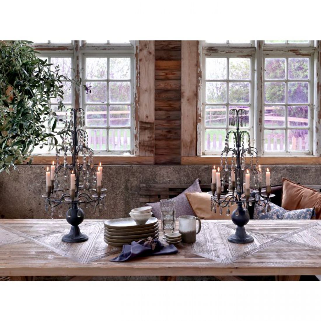 Prancūziška žvakidė su prizmėmis sendintos moka spalvos