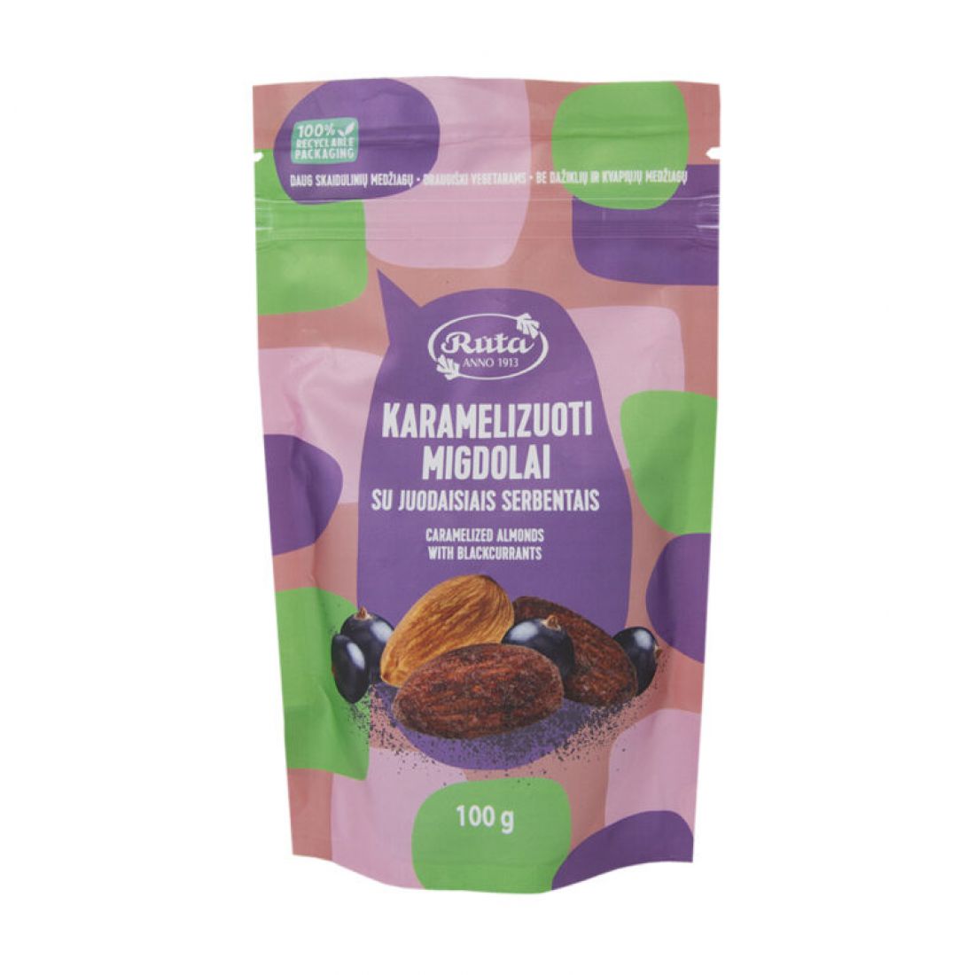 Karamelizuoti migdolai su juodaisiais serbentais, 100 g