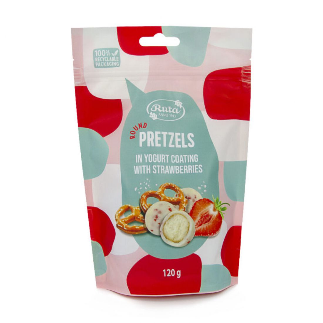 Rutuliukai „Pretzels“ su jogurtiniu glaistu ir braškėmis, 120 g